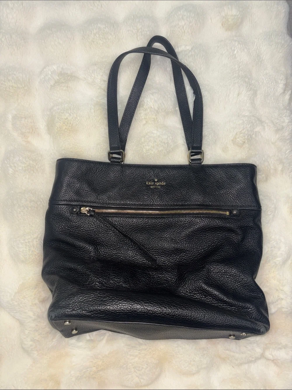 kate spade Black Pebbled Leather Shoulder Tote with Front Zip